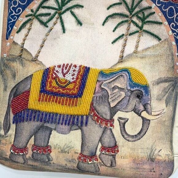 Vintage Ornate Retro Beaded Embroidered Elephant Purse Bag Tote with Wooden Bamb - Picture 2 of 11